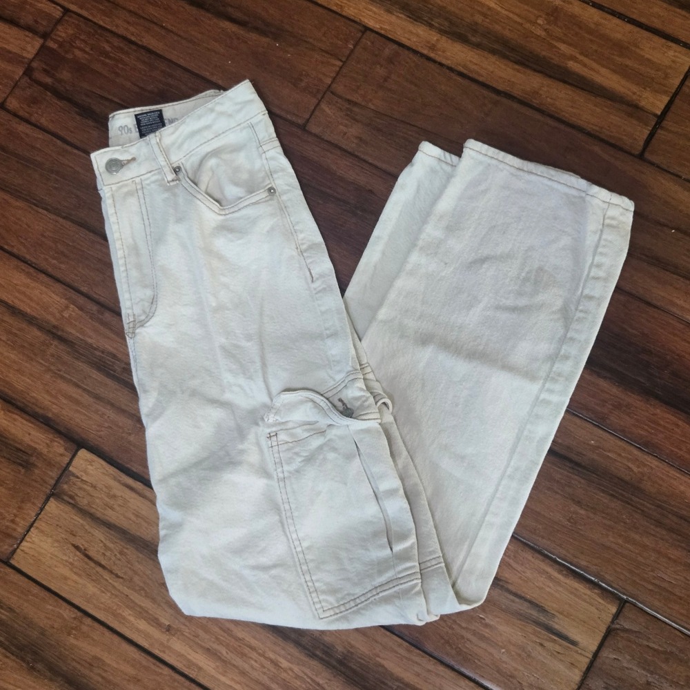 Y2K SONG 90s Boyfriend Cargo Jeans Off White High Rise Straight Leg Size 1/25